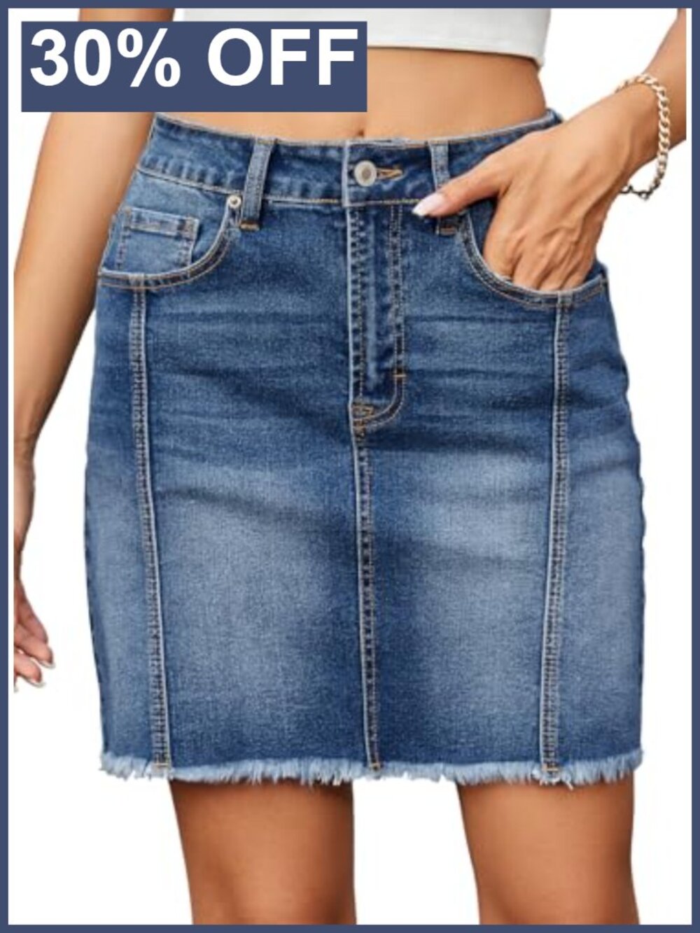 High Waist Seam Line Stretch Denim Mini Skirt Raw Hem Button Down